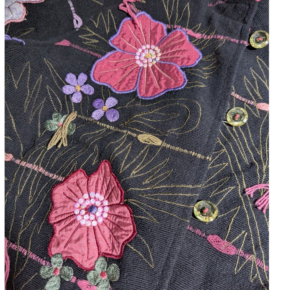 Vtg 1990s Indigo Moon Black Pink Floral Applique Mandarin Collar Jacket Sz M - Picture 3 of 5